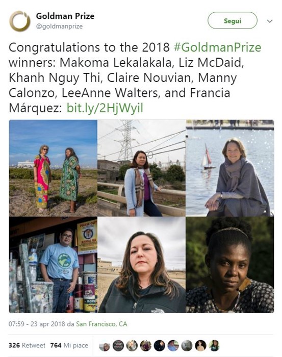 Goldman Environmental Prize 2018, premio Nobel ambiente: tweet